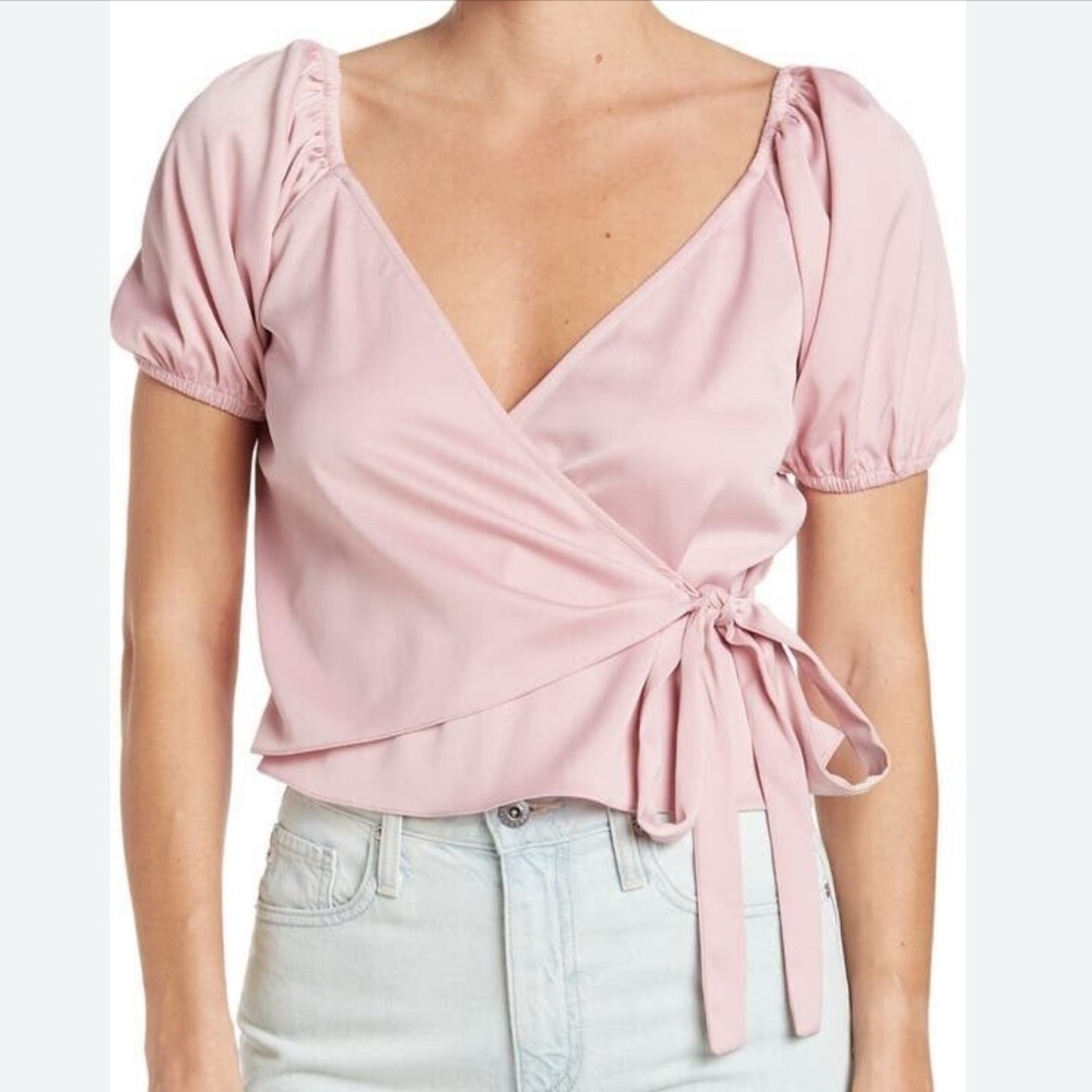 NWT Wayf Pink Puff Sleeve Faux Wrap Blouse Size L